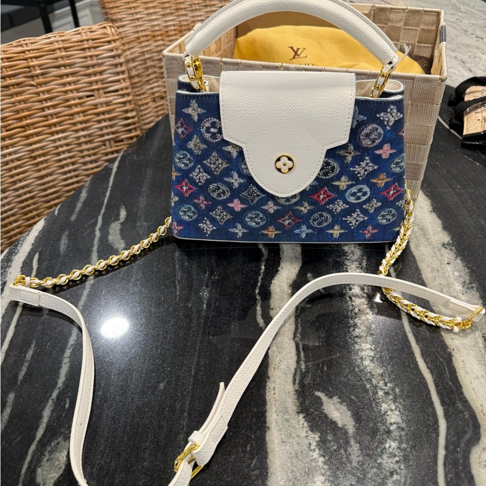 Design inspired Elegant White and Blue Crossbody Bag
